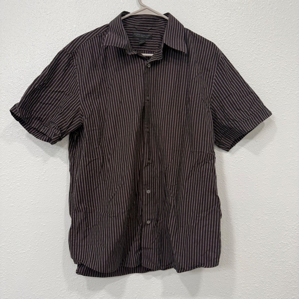 Express Design Studio Mens Brown Striped Short Sleeve Button Down Shirt Large‎